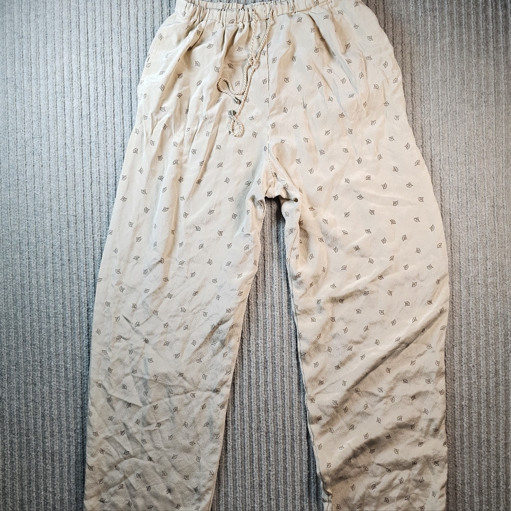 DANA B & KAREN Women 100% Silk Flowy Pant Size 4 Cream Drawstring Elastic